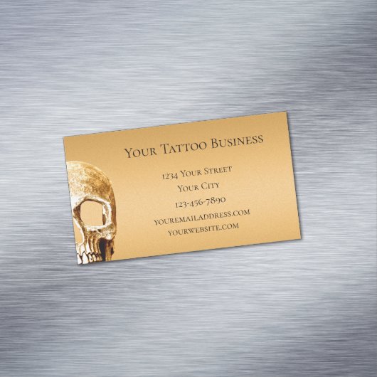 ゴシックスカル顔金ゴールドホワイトタトゥーショップ マグネット名刺 (インサイチュ)