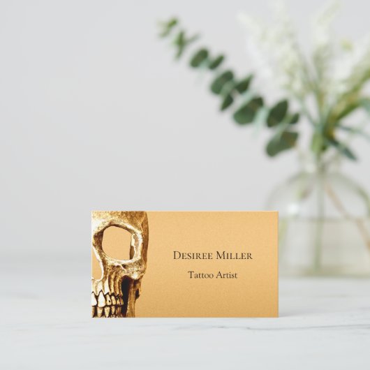 ゴシックスカル顔金ゴールドホワイトタトゥーショップ 名刺 (スタンド正面)