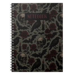 ゴシックスカル、カラスとバラパターン ノートブック