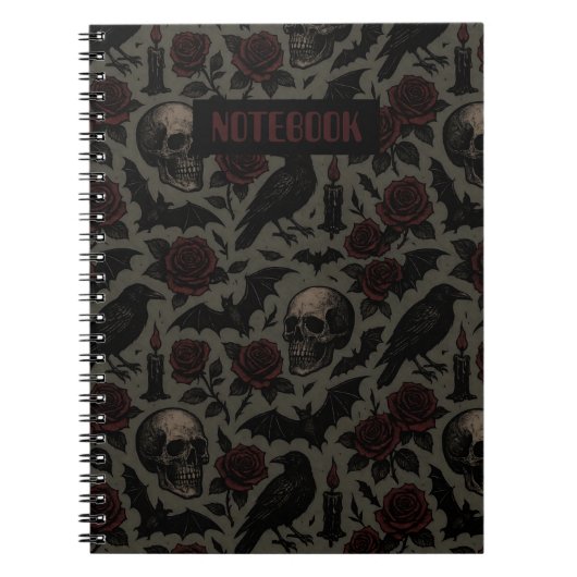 ゴシックスカル、カラスとバラパターン ノートブック (正面)