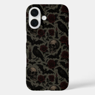 ゴシックスカル、カラスとバラパターン iPhone 16ケース