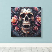 ゴシックスカル、バラ飾り キャンバスプリント (インサイチュ (ウッドフロア))