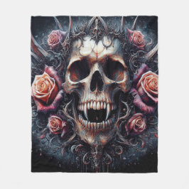 ゴシックスカル、バラ飾り フリースブランケット