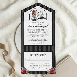 ゴシックスケルトンカップルの結婚式 レッドローズ オールインワン招待状