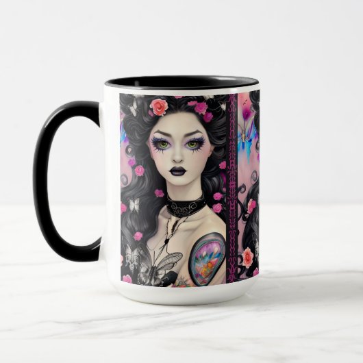 ゴシックスタイリッシュタトゥーガールブラックアンドピンクマグ マグカップ (左)