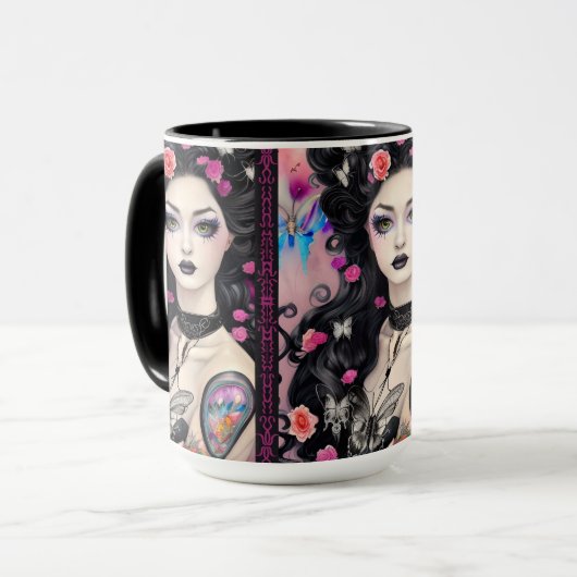 ゴシックスタイリッシュタトゥーガールブラックアンドピンクマグ マグカップ (正面左)