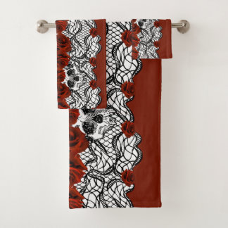 ゴシックスタイル、ブラックレース、スカルと赤いバラ バスタオルセット