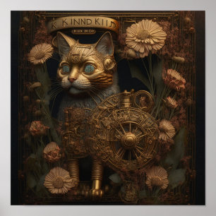ゴシックスチームパンク金ゴールド猫 ポスター