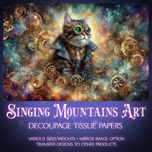 ゴシックスティームパンク猫の天空の旅のデコパージュ 薄葉紙