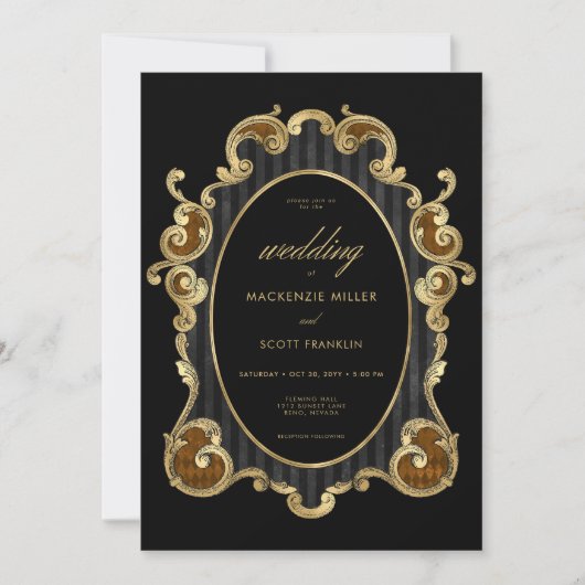 ゴシックストライプのダマスク黒金ゴールド枠（両面） 招待状 (正面)