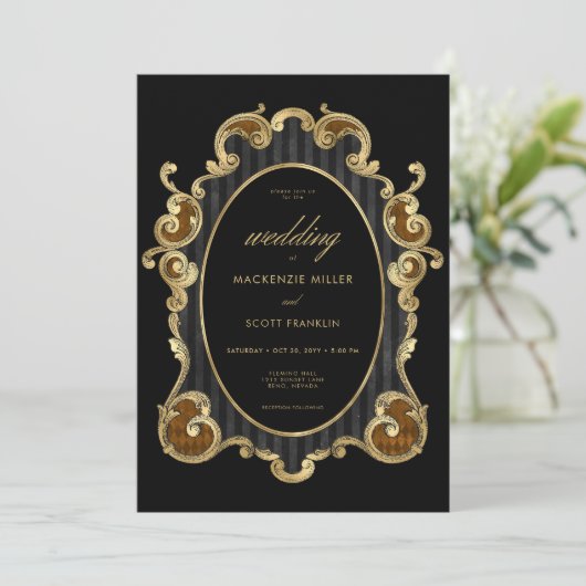 ゴシックストライプのダマスク黒金ゴールド枠（両面） 招待状 (スタンド正面)