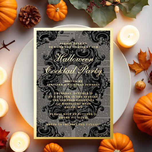 ゴシックスパイダーハロウィーンカクテルパーティー金ゴールド 箔招待状