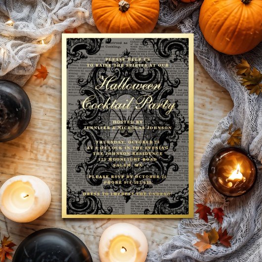 ゴシックスパイダーハロウィーンカクテルパーティー金ゴールド 箔招待状