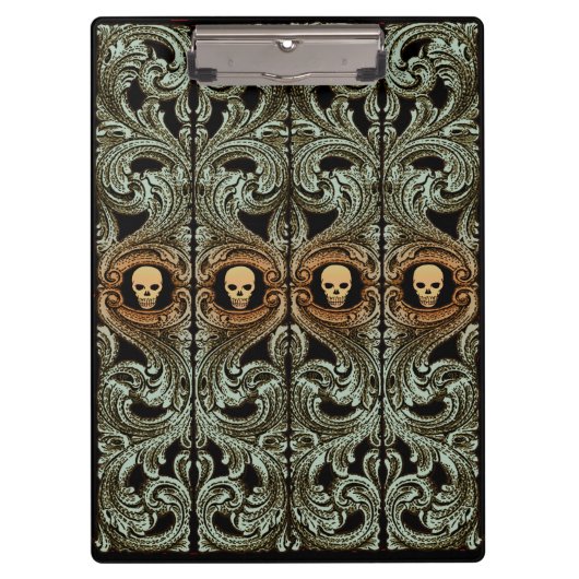 ゴシックセージグリーンオーナメント付きスカル クリップボード (正面)