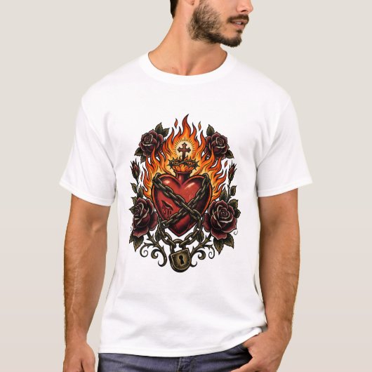 ゴシックタトゥースタイルの聖心 ダークロマンスアート Tシャツ (正面)