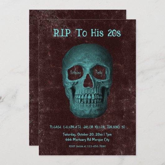 ゴシックダークティール(緑がかった色)ブラウンスカルRIP To His 20 招待状 (正面/裏面)