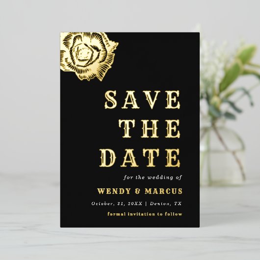 ゴシックダークバラ結婚フラワーの審美的な実在フォイル 箔招待状 (立ち正面)