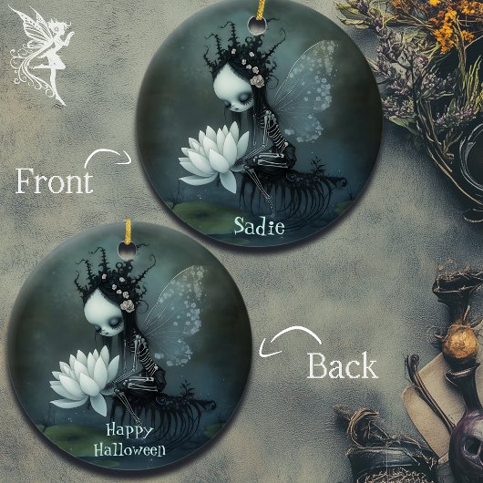 ゴシックダークファンタジー妖精スケルトン名前をカスタムする セラミックオーナメント