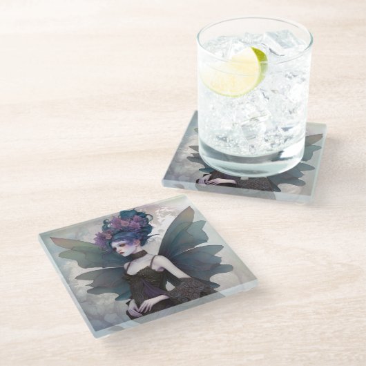 ゴシックダークフェアリーガールファンタジーアート ガラスコースター (アングル)