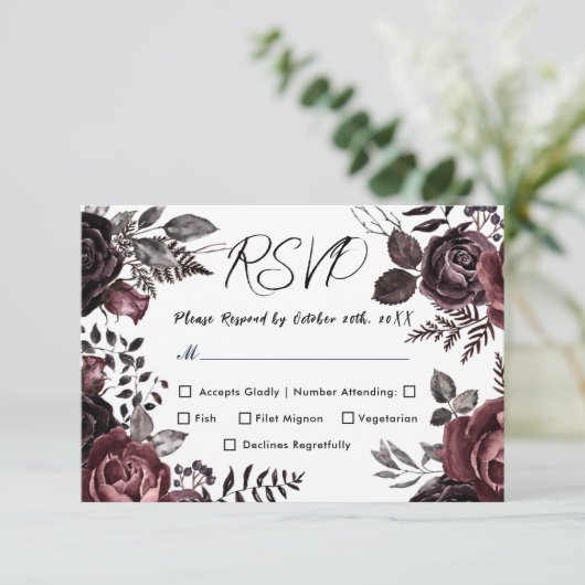 ゴシックダーク花模様ヴィンテージウェディングRSVP 出欠カード (スタンド正面)