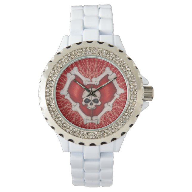 ゴシックダーク赤いハートとボーンスカルらせん線 腕時計 (正面)