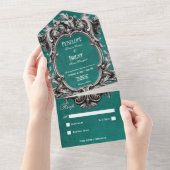 ゴシックティール(緑がかった色)ムーディビクトリアンフレームNoディナー オールインワン招待状 (貼ってはがせる)