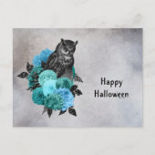 ゴシックティール（緑がかった色）花フクロウハロウィン シーズンポストカード (正面)