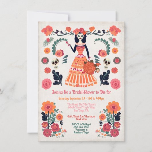 ゴシックデイの死んだブライダルシャワースケルトンガール 招待状 (正面)