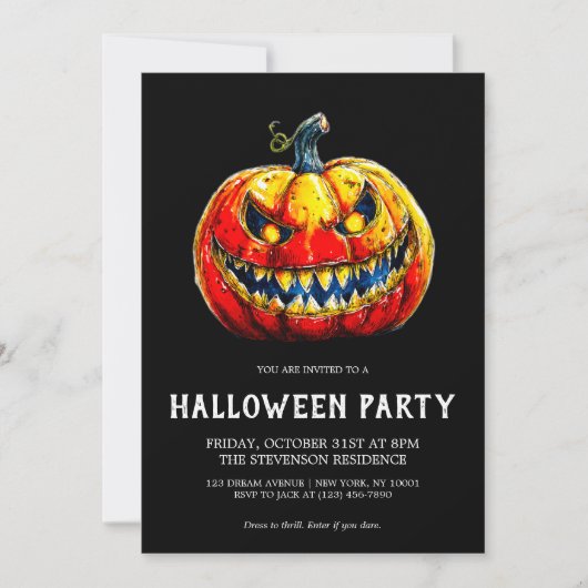 ゴシックハロウィンパーティーの炎のスマイルカボチャ 招待状 (正面)