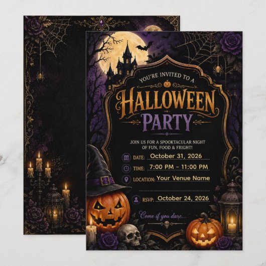 🎃 ゴシックハロウィンパーティー招待状 | 招待状 (正面/裏面)