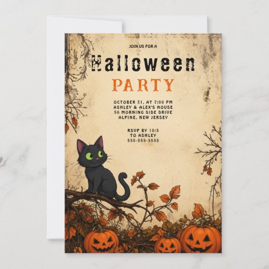 ゴシックハロウィンパーティー招待状 黒猫 招待状 (正面)