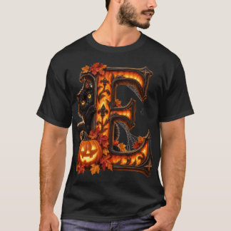 ゴシックハロウィン文字E - スプーキーなカボチャと黒猫 Tシャツ