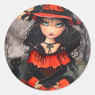 ゴシックハロウィン魔女猫ステッカー ラウンドシール