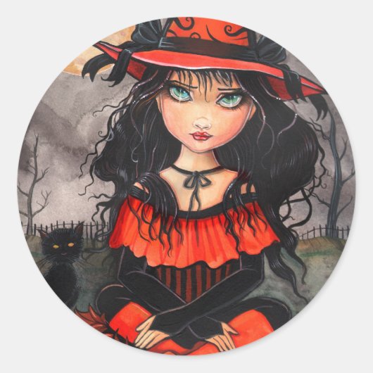ゴシックハロウィン魔女猫ステッカー ラウンドシール (正面)