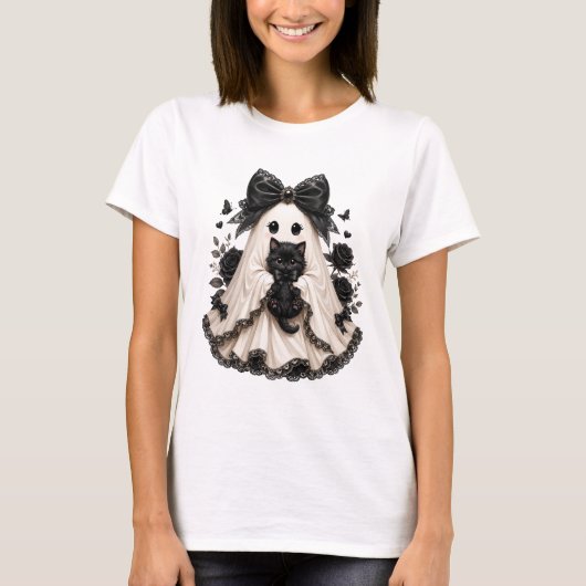 ゴシックハロウィンTシャツ 黒猫と幽霊 Tシャツ (正面)