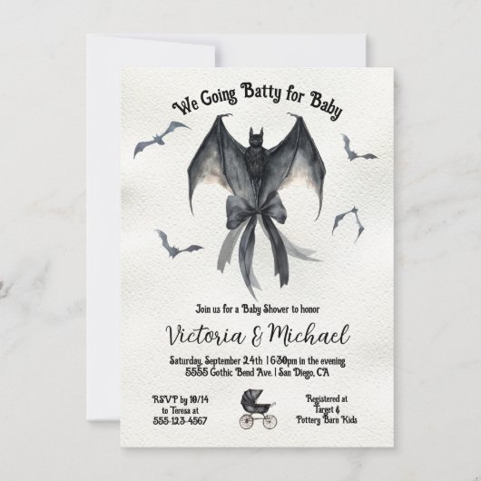 ゴシックハロウィーンこうもりブラックボウベビーシャワー 招待状 (正面)