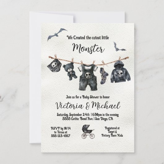 ゴシックハロウィーンクロースレイン赤ちゃんシャワー 招待状 (正面)