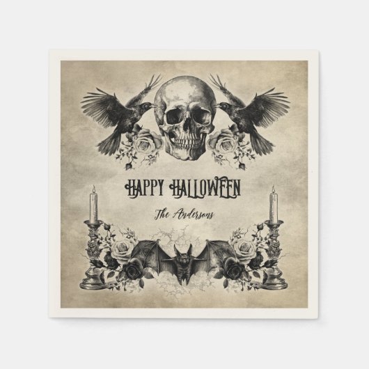 ゴシックハロウィーンスカルキャンドルこうもりレイベンブラックバラ スタンダードカクテルナプキン (正面)