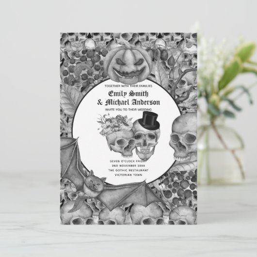 ゴシックハロウィーンスカルパーティー招待状白黒 招待状 (スタンド正面)