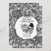 ゴシックハロウィーンスカルパーティー招待状白黒 招待状 (正面/裏面)