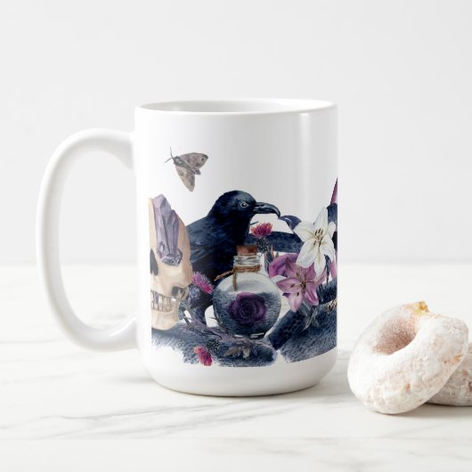 ゴシックハロウィーンスカル&レイヴン コーヒーマグカップ (ドーナツ)