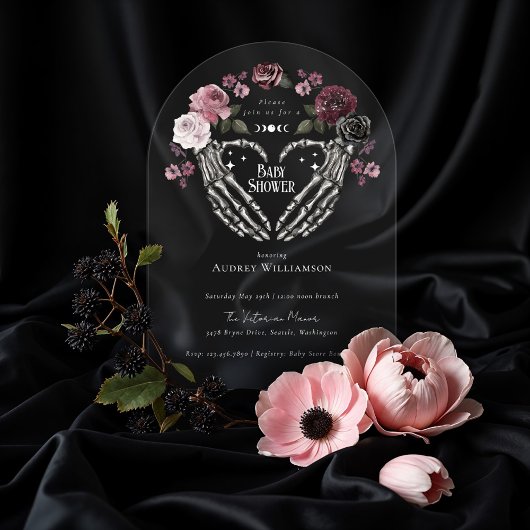 ゴシックハロウィーンスケルトンハンドベビーシャワーハート アクリル招待状