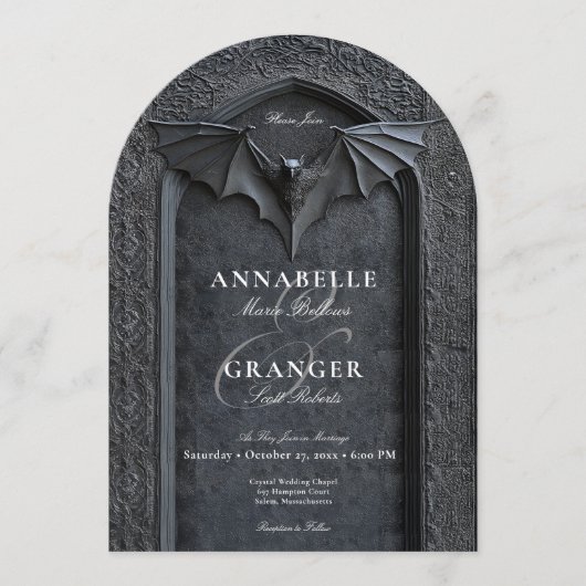 ゴシックハロウィーンブラックこうもりアーチ両面結婚型 招待状 (正面)