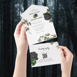 ゴシックハロウィーンブラックバラホワイト結婚ズ オールインワン招待状