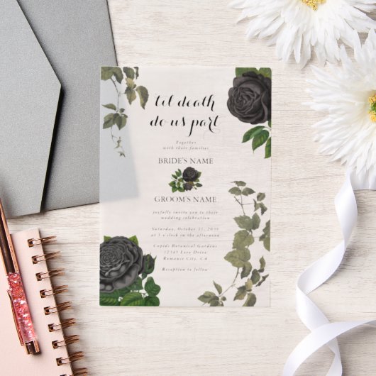 ゴシックハロウィーンブラックバラホワイト結婚ズ ベラム紙招待状 (ウェディング)