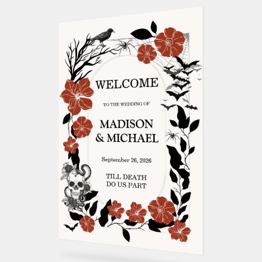 ゴシックハロウィーンブラック&ブルゴーニュ結婚ーズへようこそ アクリルサイン (傾斜)