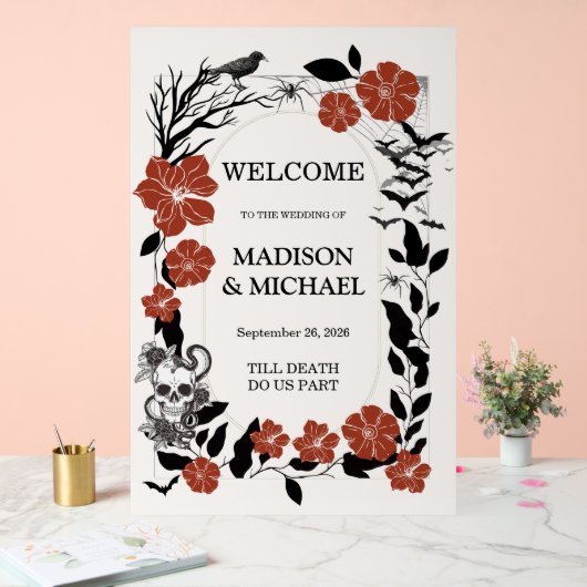 ゴシックハロウィーンブラック&ブルゴーニュ結婚ーズへようこそ アクリルサイン (ウェディング)