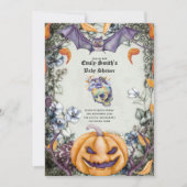 ゴシックハロウィーンベビーシャワーパープルオレンジスカル 招待状 (正面)