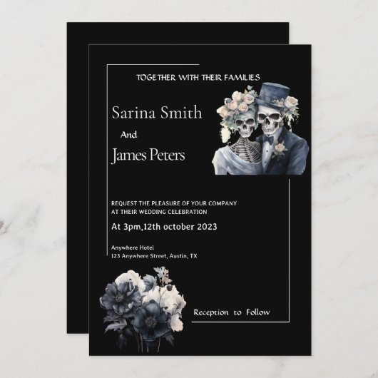 ゴシックハロウィーン結婚式招待状ブラックフローラ 招待状 (正面/裏面)