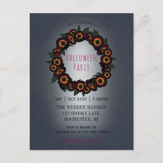 ゴシックハローウィンパーティ招待(こうもりと花) ポストカード (正面)